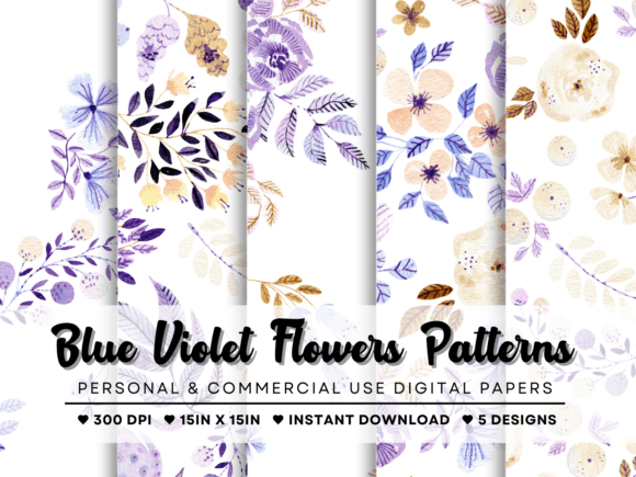 Blue Violet Watercolor Patterns Set
