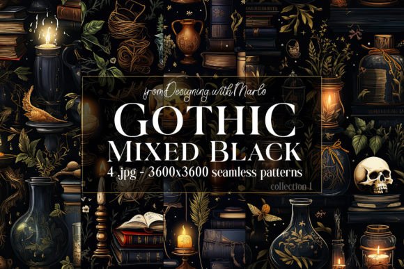 Gothic Wiccan Black Seamless Patterns 1