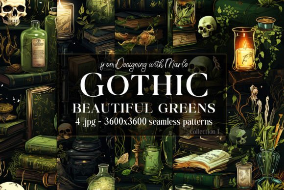 Gothic Wiccan Green Seamless Patterns 1