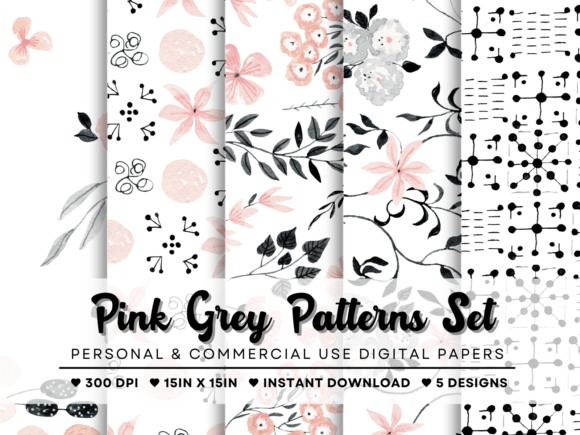 Pink Grey Watercolor Patterns Set